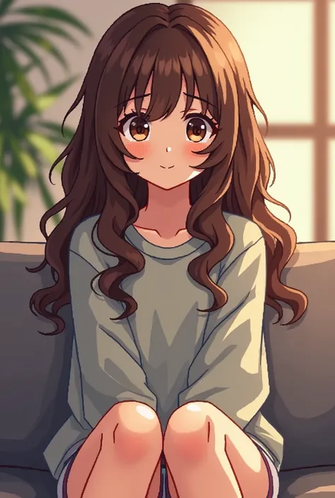 Brown big eye , long brown wavy bangs hair girl sitting in sweatshirt and shorts pixel style