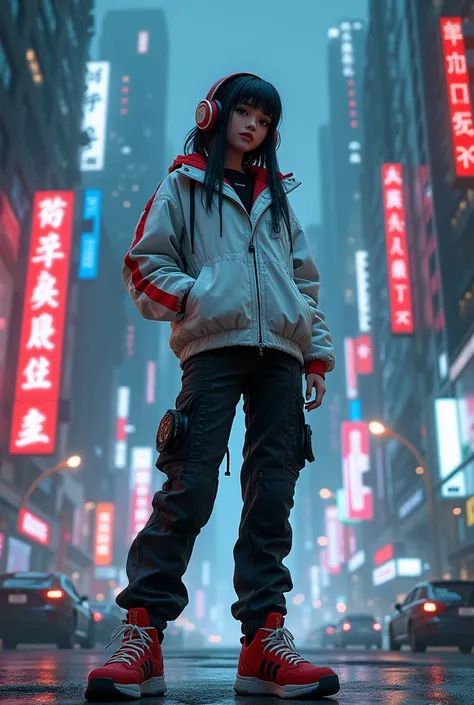 cyberpunk girl 
ใช้ #midjourney v6.1   prompt⬇

A girl standing on a street in some futuristic cyberpunk city. The girl is wearing a white waterproof jacket with red stripes, black cargo pants and red sneakers, the style of dress is tech wear. The girl has...