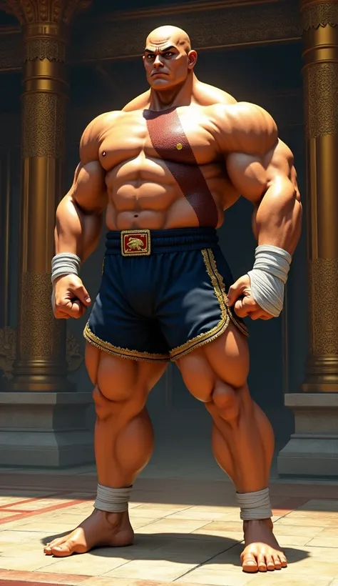 A hyper-realistic full-body portrayal of Sagat from Street Fighter II, standing in a battle-ready stance that emphasizes his extraordinary height of 7 feet 4 inches. His towering frame is muscular and defined, with long, powerful legs and broad shoulders. ...