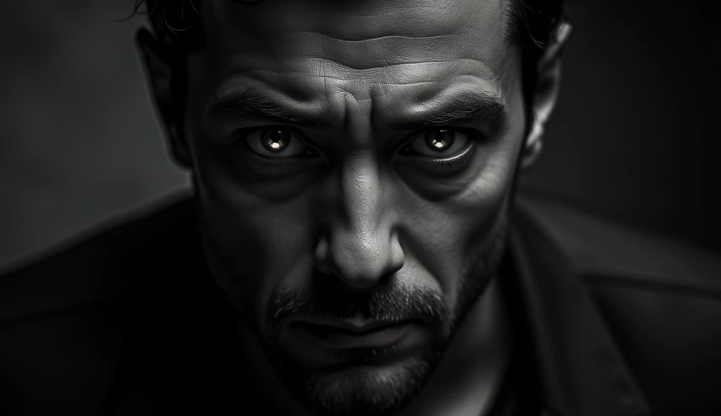 A dramatic, shadowy close-up of the man’s face as he looks directly into the camera, fear and determination in his eyes. The faint outline of a mysterious light is reflected in his pupils.