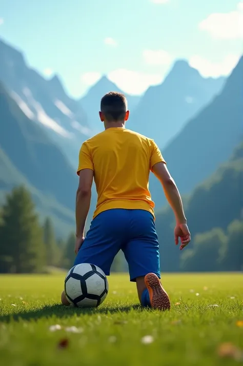 Kneeling soccer player on soccer field in yellow uniform with blue shorts against mountains background 