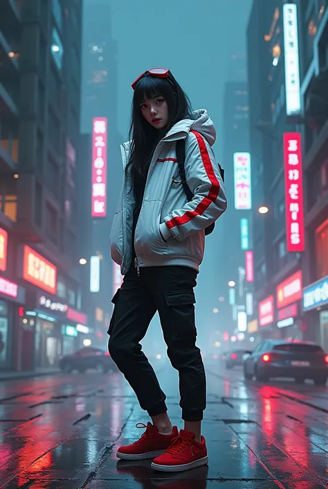 cyberpunk girl 
ใช้ #midjourney v6.1   prompt⬇

A girl standing on a street in some futuristic cyberpunk city. The girl is wearing a white waterproof jacket with red stripes, black cargo pants and red sneakers, the style of dress is tech wear. The girl has...