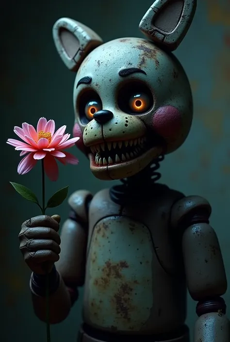 Scary bonnie from fnaf movie holding flower on her right side 