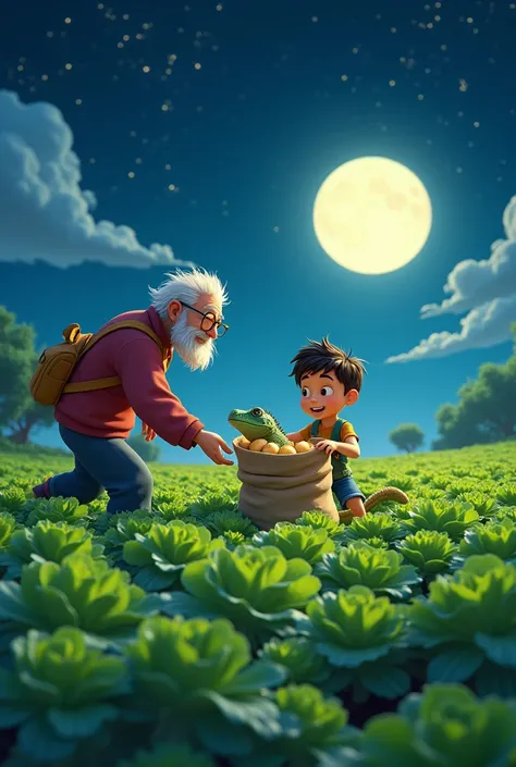  create an image : An old man catches an iguana with a sack of potatoes with his grandson in a lettuce field at night,animated graphic design 