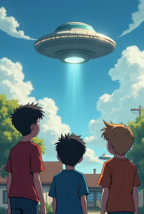 Three male boys ,  looking at a flying saucer in the distance, from the roof of a house 
