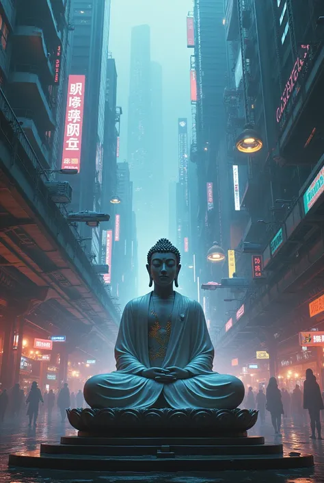 Buddha, Meditation in the middle of the metropolis, Cyberpunk city, Cyberpunk meditation  