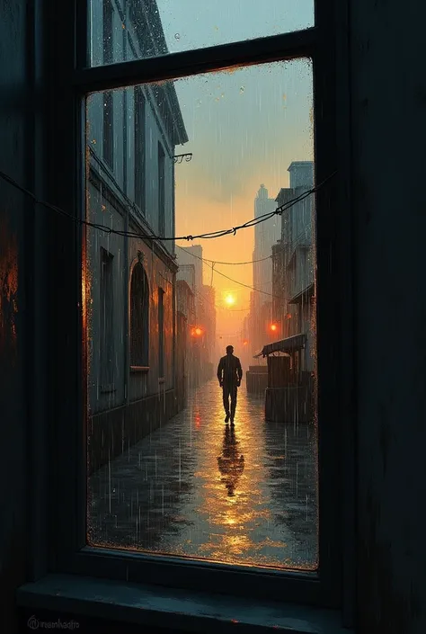 a painting that shows a window marked with raindrops and behind it a rainy sunset between night and day in an alley and with streetlights with a light that reflects the rain and a hut and in the alley in the distance the silhouette of a man walking in the ...