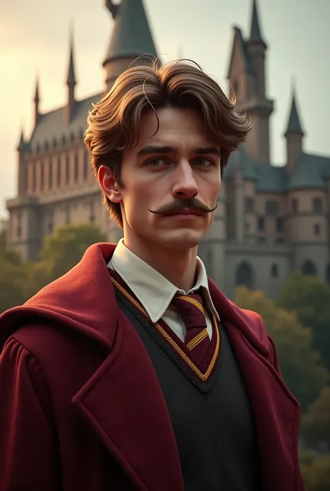 Gryffindor male student with French mustache and short light brown hair