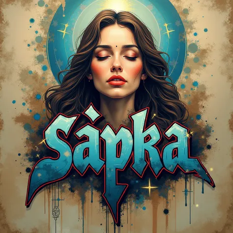 Écris le mot "SAPKA" en graffiti. With the face of a woman who reached awakening above. 