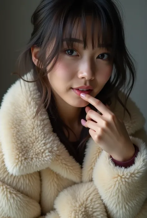 A Japanese teen girl with a fur coat fingering her pussy 