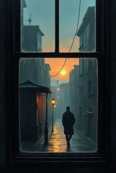 a painting that shows a window marked with raindrops and behind it a rainy sunset between night and day in an alley and with streetlights with a light that reflects the rain and a hut and in the alley in the distance the silhouette of a man walking in the ...