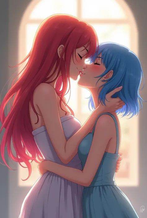 Nude anime girl with red hair kissing against another girl with blue hair
