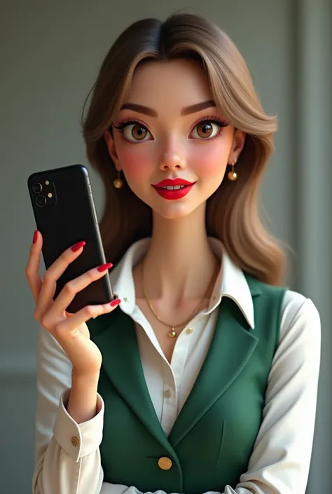 a woman posing with a smartphone in a The lighting is well balanced, highlighting the persons face and body 
 The woman has delicate features, with well-defined eyebrows and expressive eyes that convey seriousness and confidence. Her lips are highlighted w...