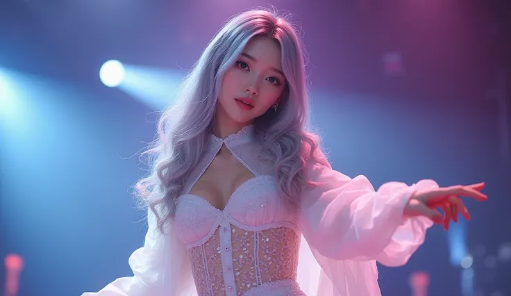 (VERY DETAILED), Korean beauties, K-pop idol,  head  , Ash gray hair,  beautiful , cute makeup , cute outfit, stage, execution, Full body composition 