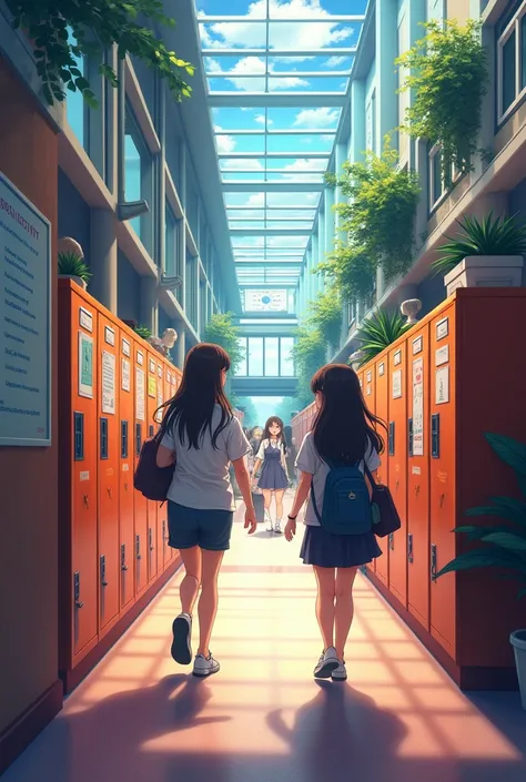 Generate an image of a corridor inside a college, Make the art in the anime style .
