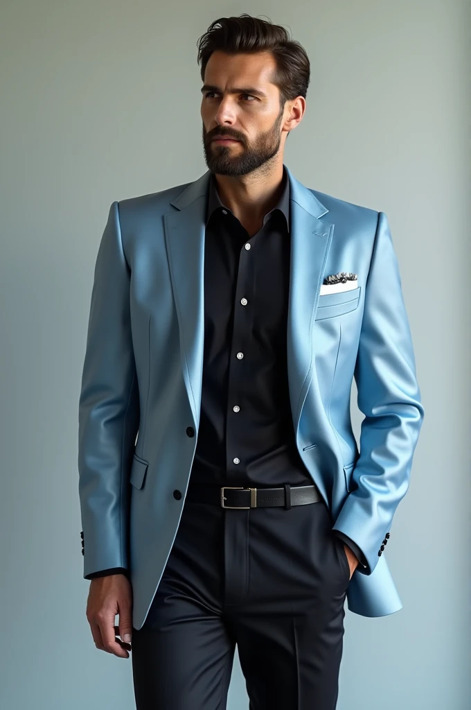 A man with formal black shirt, black pant & silky light blue suit