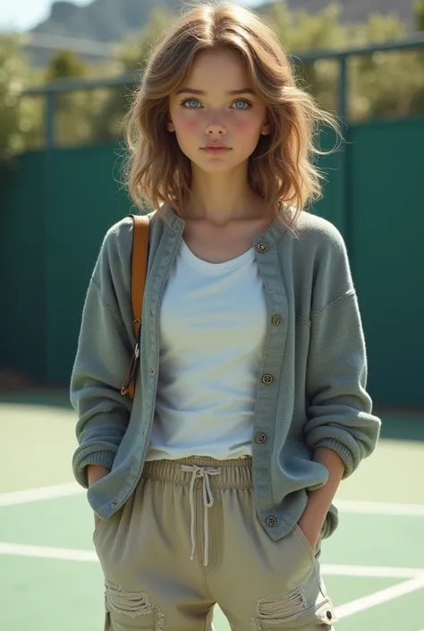   girl. White complexion with light brown hair .  blue eyes . Grey sweater.  Patched pants and a white t-shirt. Tennis. 