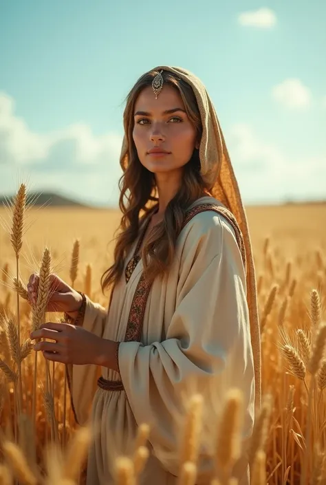 Create an ultra-realistic image of Ruth, a beautiful woman, dressed like the ancient Israelites, cutting ears of wheat in a wheat field, done with a Sony Alpha 7 camera and an EF 70-200mm f/4 5-6 lens