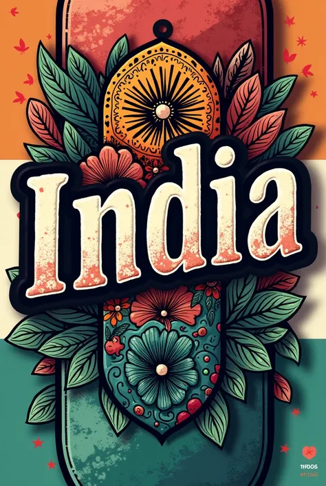 Skate sticker with the name INDIA horizontally and with stitch drawings