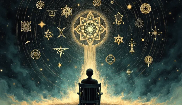 Illustrate a contemplative figure seated in a chair, deep in thought, a mystical scene featuring 100 diferent simbols, intricately designed, creating a sense of enchanting energy. Mind bending, dreamy, ethereal, fantastic, The background should be dark and...