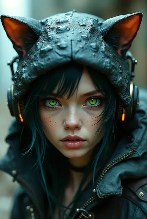 (Full-body fusion of a woman and a cat)
bright green eyes . Shes wearing cyberpunk-style clothing on her head , only the eyes visible. features detailed eyes and parts of a face wrapped in an engaging pose full body close up
Using Masterpiece headphones