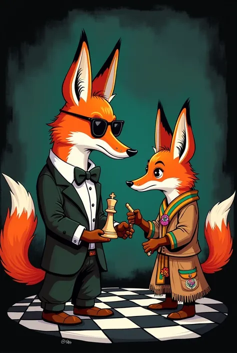  an elegant humanoid fox wearing a ,  monocle costume in a chess battle with another humble fox, wearing typical Colombian clothing ,  animated style image with defined lines on black border graffiti cartoon style