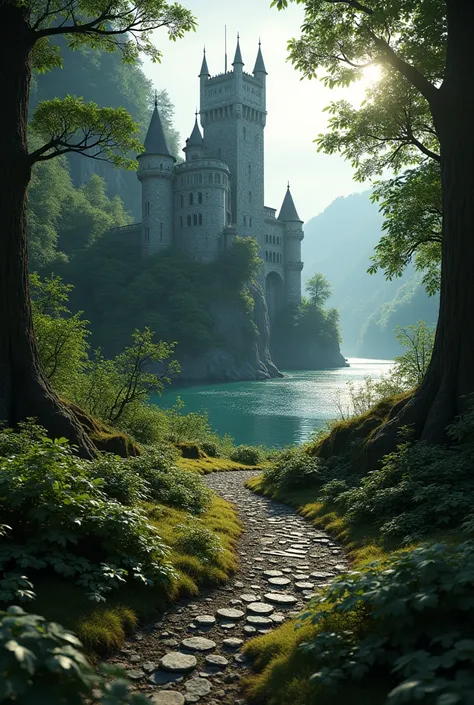 Create a realistic photo that looks like a photograph of a medieval castle in the woods  ,  is hidden in the image and that in the background there is a lake and a castle , And in the image you can see the word  "Rafael"  on the forest floor made of transp...