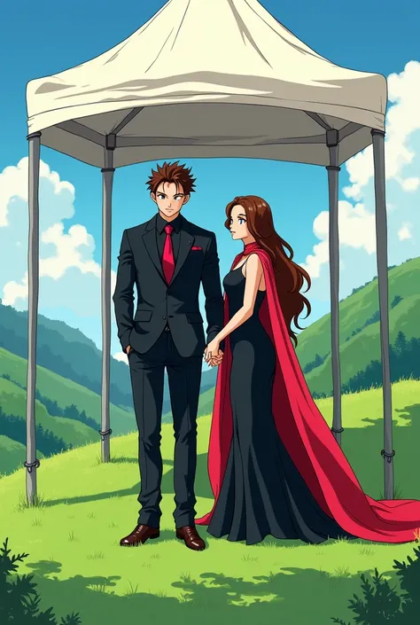  A young Jewish Saiyan with brown hair without a beard wearing an all-black suit,  black dress shirt with a red tie and a black kippah , with a red cape and her fiancée a girl with long brown hair and a black dress, at his wedding on a green outdoor hill ,...