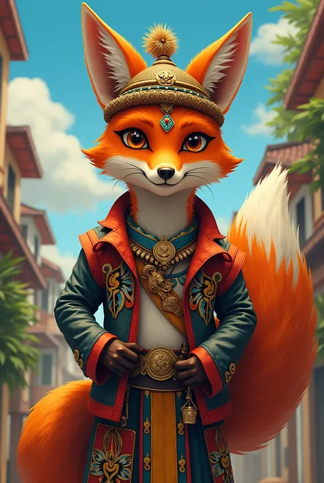  a very detailed humanoid fox with Colombian characteristics, Like a hat ,  in effect fua point  