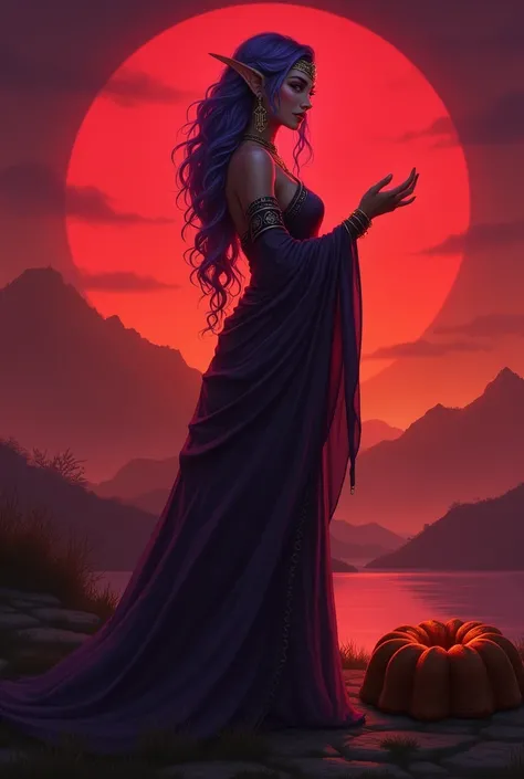 A Word of Warcraft night elf 
Druid female 
 A red sunset with a bundt cake in the background 