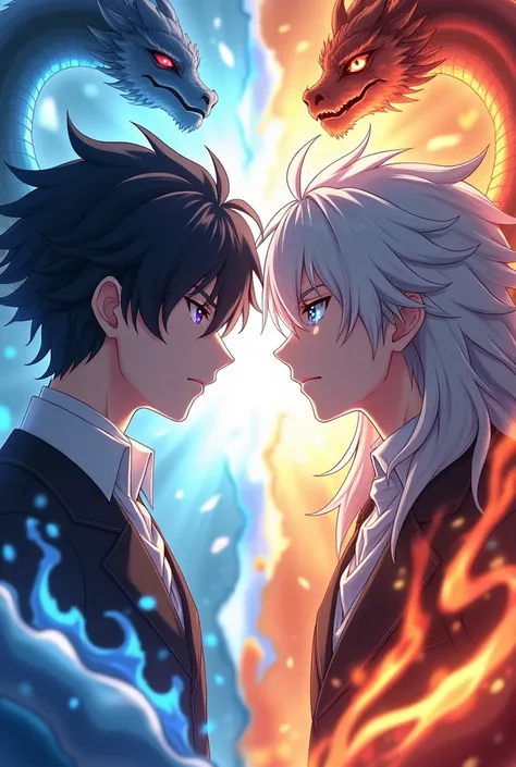  A dramatic and emotional anime-style wallpaper showing a duel between two brothers.  One of them represents darkness and evil , with short black hair,  purple eyes,  and a threatening aura ,  surrounded by ice .  The other brother represents light and goo...