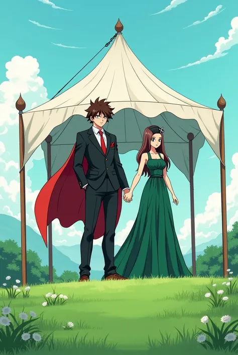  A young Jewish Saiyan with brown hair without a beard wearing an all-black suit,  black dress shirt with a red tie and a black kippah ,with a red cape and his fiancée a girl with long brown hair and a green dress, at his wedding on a green outdoor hill , ...