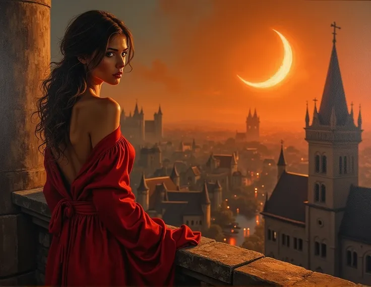 oil painting, art by Greg Rutkowski, art by Milo Manara, nsfw, in a medieval town, summer, night, dark orange sky, breathtaking illustration of ((Candice Swanepoel:0.4),(Jenna Ortega:0.4),(Kendal Jenner:0.2)), (hairy pubic hair), naked pubic exposed, glowi...