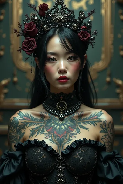 front camera, An Award-Winning Masterpiece (photorealistic), photograph, vogue,  Gothic Maximalist Elegance
With Stunning Surrelistic Tattoos
                             (((metallic ominous war))) [in the style of Anna Razumovskaya and Clovis Trouille:0.4...