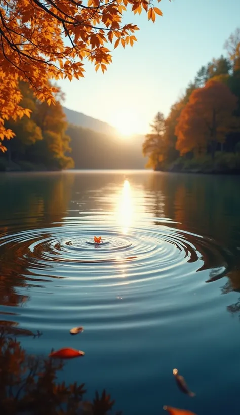 (masterpiece,  High Quality ,  high definition ,  Golden Ratio ,  movie lighting, 8k), ((it is, The silence that just one small fallen leaf taught me)),  Trees colored by autumn leaves 々 from the middle of the lake surface ,  only one ripple on that surfac...