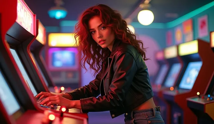 Y2K style written by Valdirene,  Kelly LeBrock from the movie  " Oh Science 1985 ", 80s,  denim shorts,  leather jacket, Vintage mother ,  old film aesthetic ,  80s hairstyle ,  messy voluminous curls ,  photographic grain , Youre playing on some recreatio...