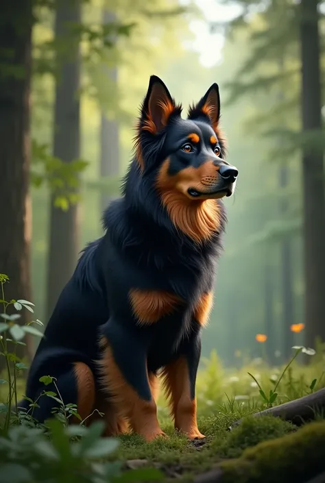 I want an image on the face of a dog that looks like a black and orange Australian shepherd standing in a forest square standing alone with its ears attentive as if listening to something 