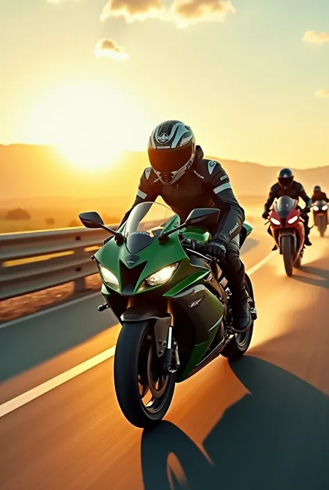 A men is riding Kawasaki ninja h2r in mid day warm tuned Picture is taken from the helmet camera rider in the front of bike 5 Bikes on the road which is racing and wheelie with them 4k ultra hd