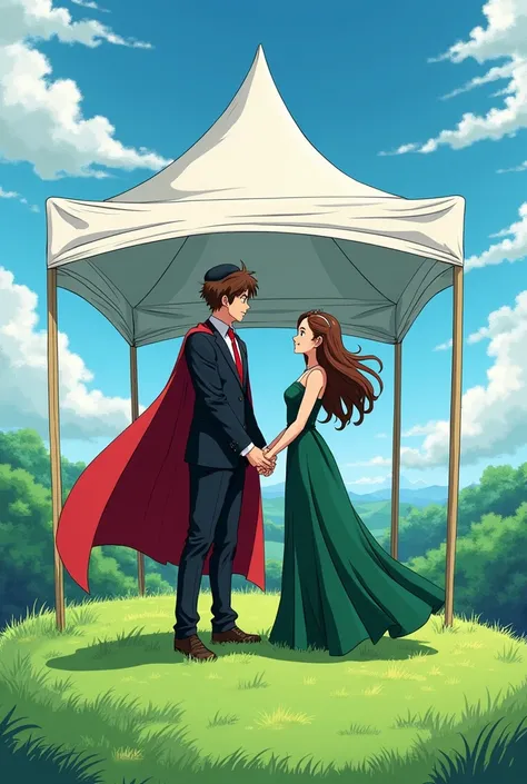  A young Jewish Saiyan with brown hair without a beard wearing an all-black suit,  black dress shirt with a red tie and a black kippah ,with a red cape and his fiancée a girl with long brown hair and a green dress, at his wedding on a green outdoor hill , ...