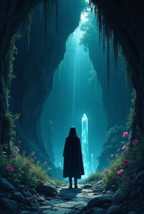  Create a manga cover
Change the background to a cave
An enclosed cave, Full of plants and crystals
Remove the character 
Make it darker
Add a man with his back, long black hair, With a black outfit