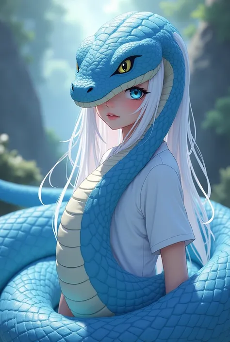 A blue snake with a human head in the shape of a white anime girl with long white hair and blue eyes and bodily to Shelley the human with a white t-shirt