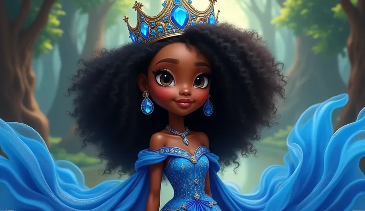 A princess dressed in blue crown with blue stones black skin curly hair cartoon style 