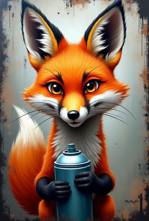 realistic fox with black border caricaturized painting graffiti with a can in the osico