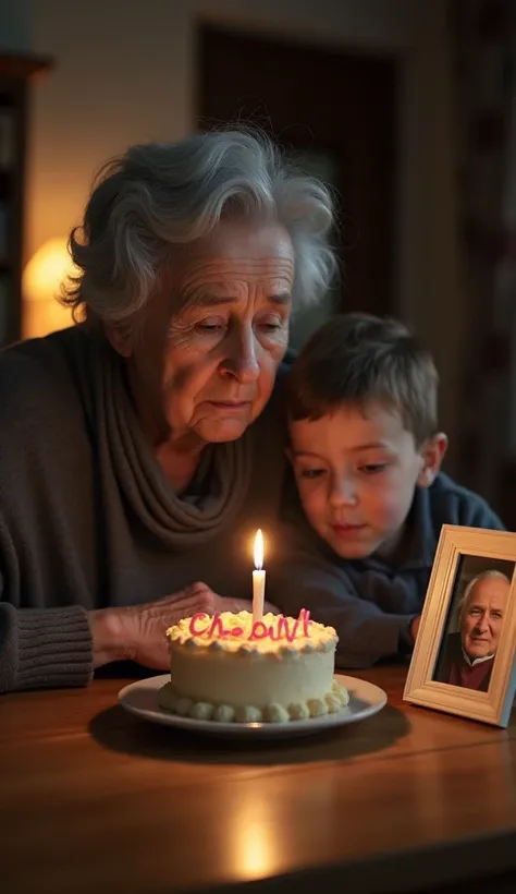 Develop a interior scene captured in ultra-realistic photography style. An sad elderly woman with little gray hair and your grandson is sitting at a wooden table. The table displays a small birthday cake with shiny cream icing and a lit candle, placed on a...