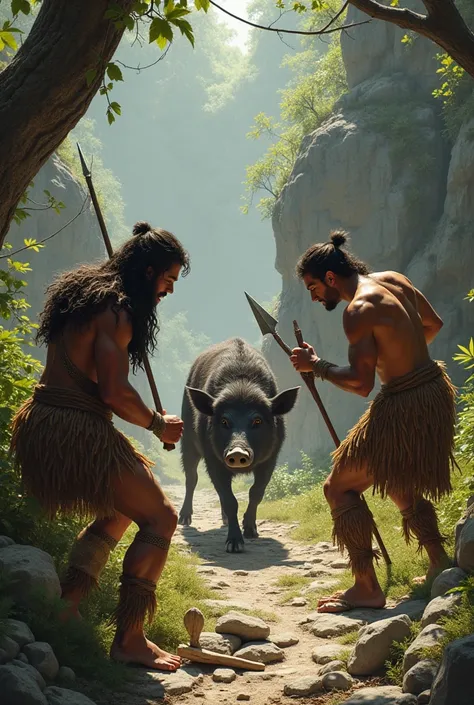 A picture depicting the period before the agricultural revolution, two people and a friend are hunting a wild boar with a spear or a spear. In the front, there are 3 people with spears in their hands, and one of them is carving stone tools from his friends...