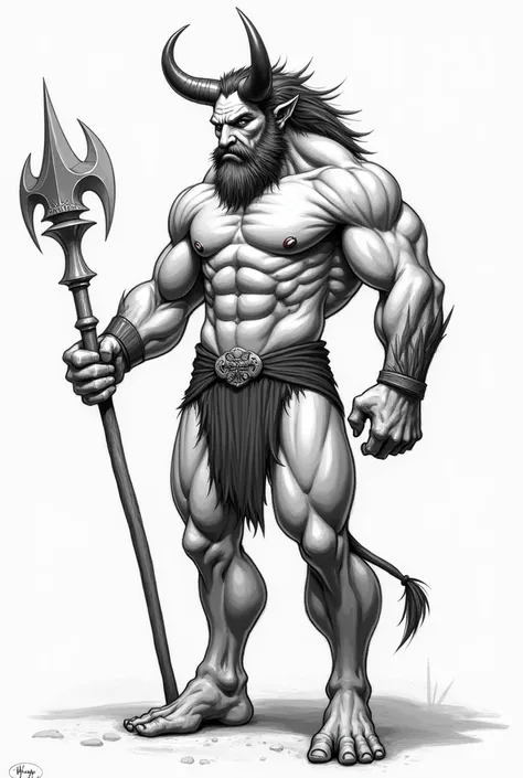 Draw 1 minotaur and 1 human. The minotaur is very muscular and has a big penis. The minotaur spanks people. Draw this