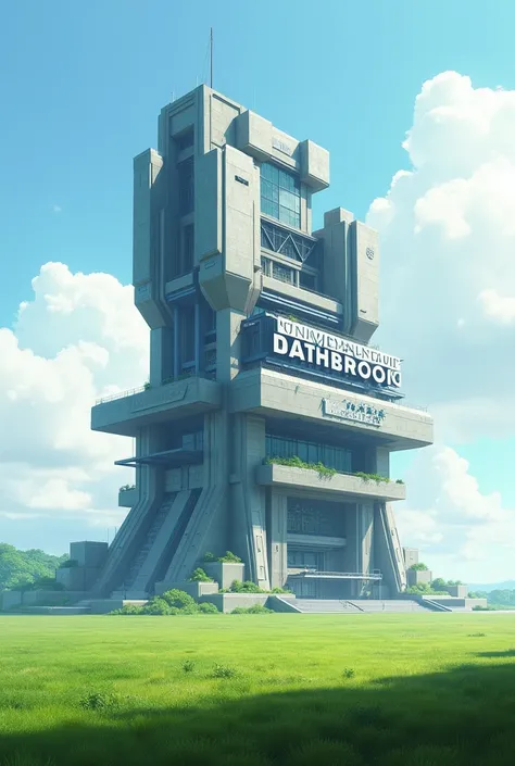 Create a futuristic multi-storey building on a field ,  field with a large sign written on BATTALION OF HEROES 