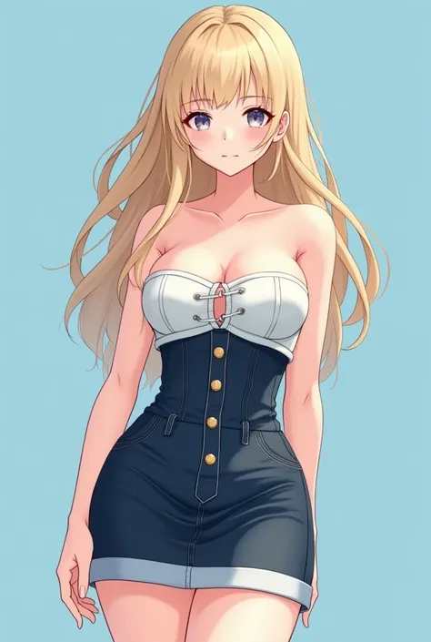 The anime manga image shows a young woman with very large breasts breasts,  long blonde hair with long bangs and soft waves that fall on her shoulders ..   Her skin has a light or olive tone  ,   and she seems to have a slim and healthy figure  .   Her fac...