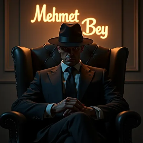 I want you to prepare an avatar, a man in a fedora hat in the manner of a godfather and ‘Mehmet Bey’ as the writing ‘Mehmet Bey’ You can write the writing on the wall with led lights, the man in the fedora should be dark mysterious and cool, the man can si...