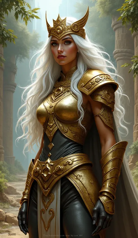 female soldier, with gold tiara with Mayan aspects, white hair and armor. Arte d&d